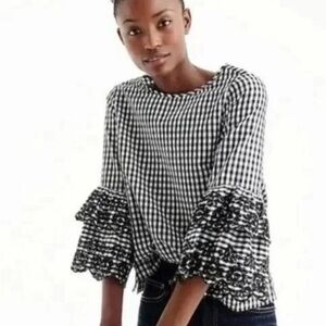 J. Crew Blouse Black & White Gingham Plaid Tiered Islet Bell Sleeve Picnic Sz 6